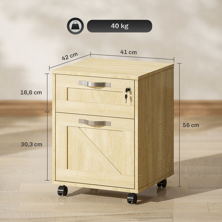 Bloco de Gavetas para Escritório com 2 Gavetas Bloco de Gavetas com Rodas Móvel para Arquivos com Fechadura e Suporte para Pastas Suspensas Tamanho A4 41x42x56 cm Madeira