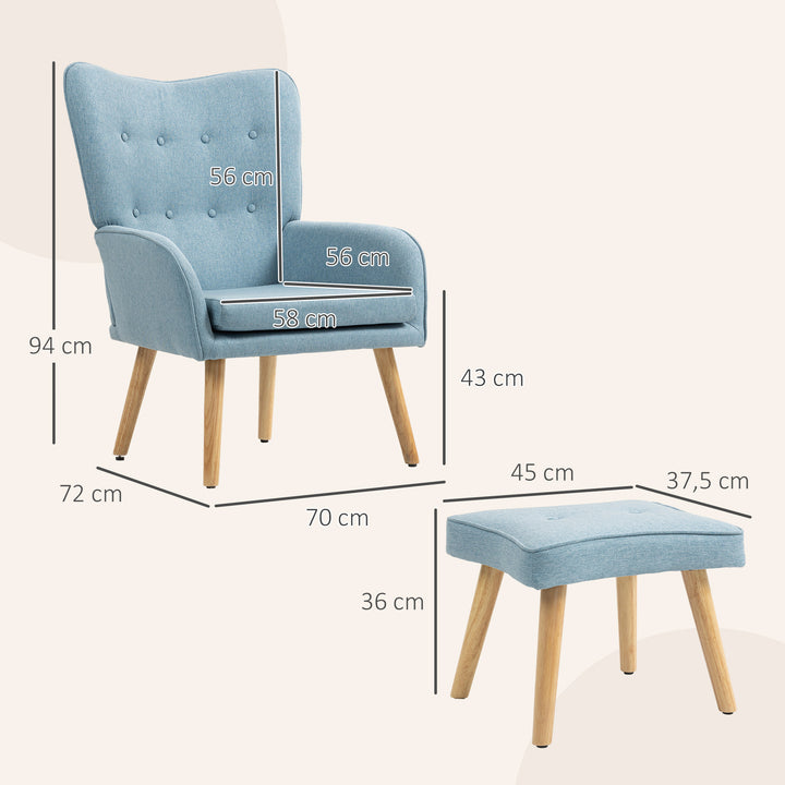 Poltrona com Apoio para Pés Poltrona de Leitura com Encosto Alto Capitonê Pés de Madeira e Revestimento em Linho Cadeira para Sala Quarto Escritório 70x72x94 cm Azul Claro