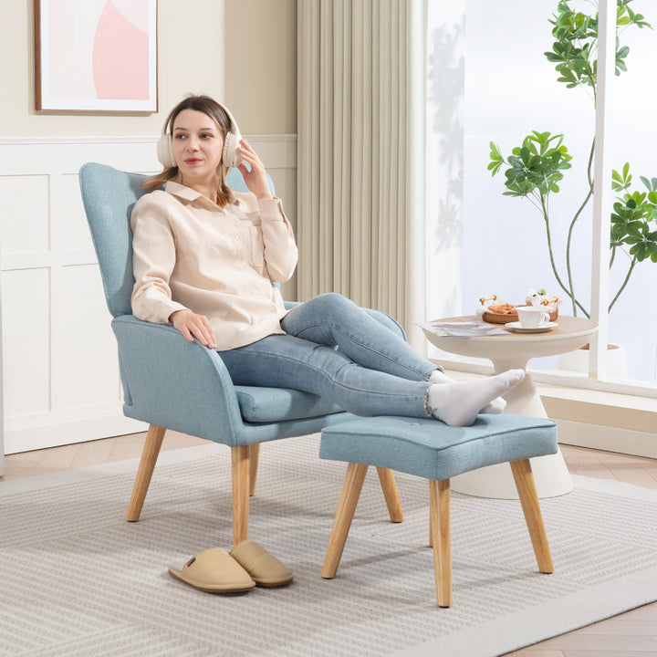 Poltrona com Apoio para Pés Poltrona de Leitura com Encosto Alto Capitonê Pés de Madeira e Revestimento em Linho Cadeira para Sala Quarto Escritório 70x72x94 cm Azul Claro