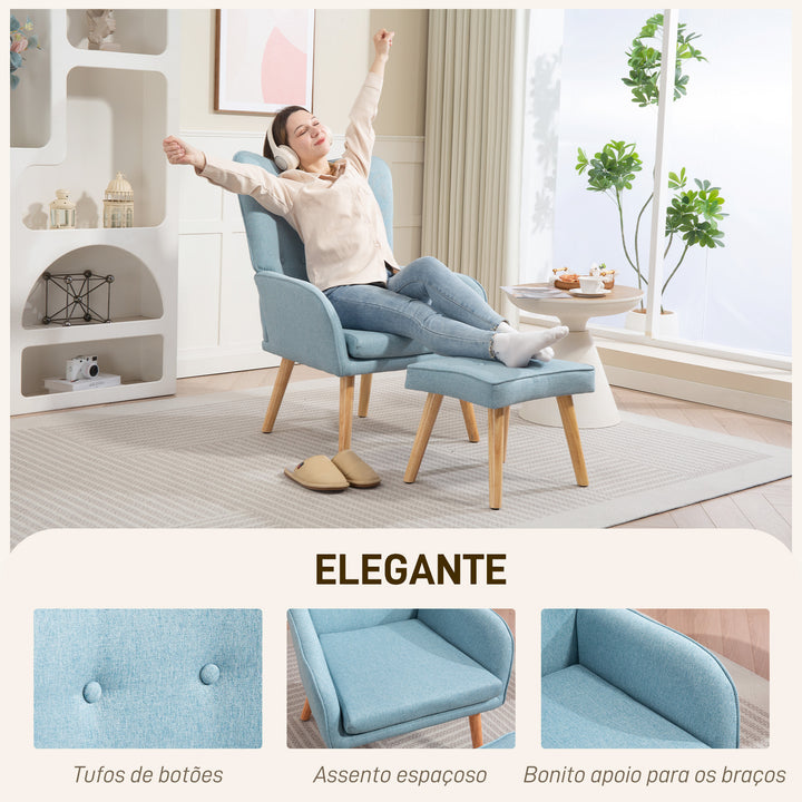 Poltrona com Apoio para Pés Poltrona de Leitura com Encosto Alto Capitonê Pés de Madeira e Revestimento em Linho Cadeira para Sala Quarto Escritório 70x72x94 cm Azul Claro