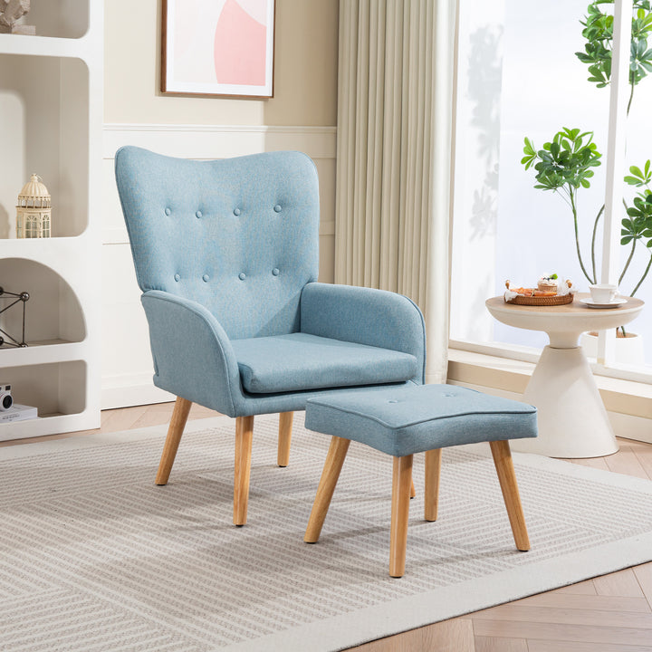Poltrona com Apoio para Pés Poltrona de Leitura com Encosto Alto Capitonê Pés de Madeira e Revestimento em Linho Cadeira para Sala Quarto Escritório 70x72x94 cm Azul Claro