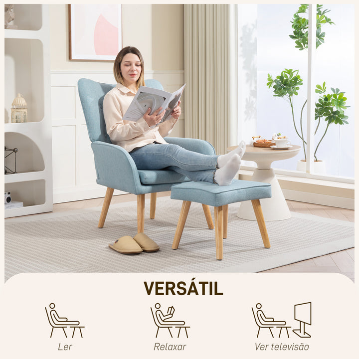 Poltrona com Apoio para Pés Poltrona de Leitura com Encosto Alto Capitonê Pés de Madeira e Revestimento em Linho Cadeira para Sala Quarto Escritório 70x72x94 cm Azul Claro