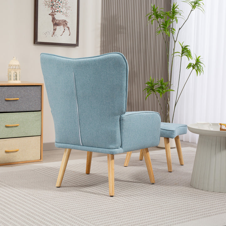 Poltrona com Apoio para Pés Poltrona de Leitura com Encosto Alto Capitonê Pés de Madeira e Revestimento em Linho Cadeira para Sala Quarto Escritório 70x72x94 cm Azul Claro