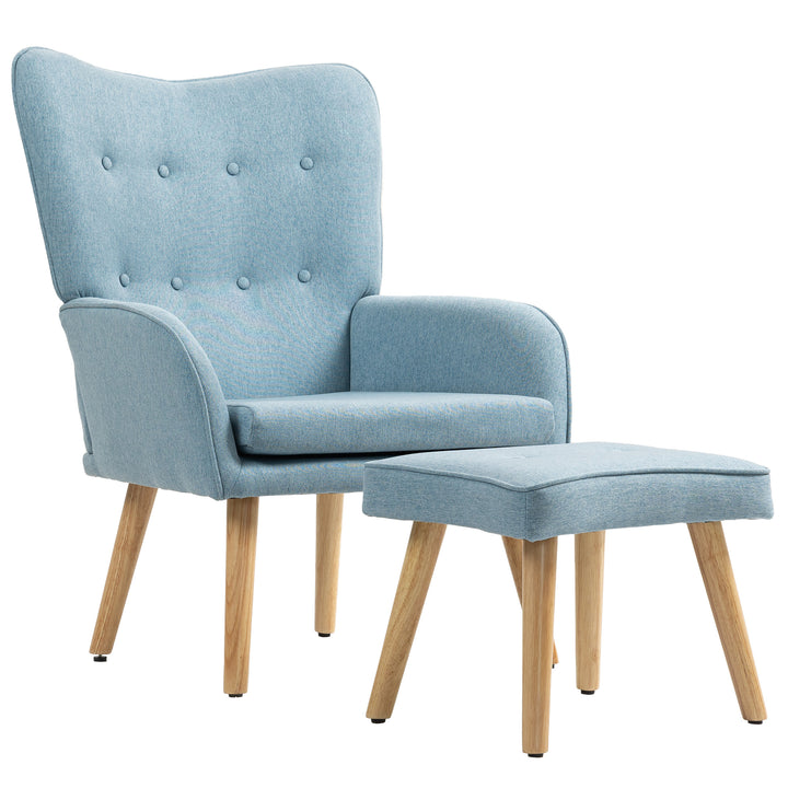 Poltrona com Apoio para Pés Poltrona de Leitura com Encosto Alto Capitonê Pés de Madeira e Revestimento em Linho Cadeira para Sala Quarto Escritório 70x72x94 cm Azul Claro