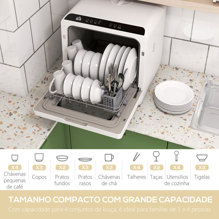 Máquina de Lavar Loiça de Bancada Máquina de Lavar Loiça Pequena com 5+1 Programas Dois Modos de Abastecimento de Água Depósito de Água de 6L Ecrã LED para Cozinha Apartamentos 45x44x45,8 cm Branco