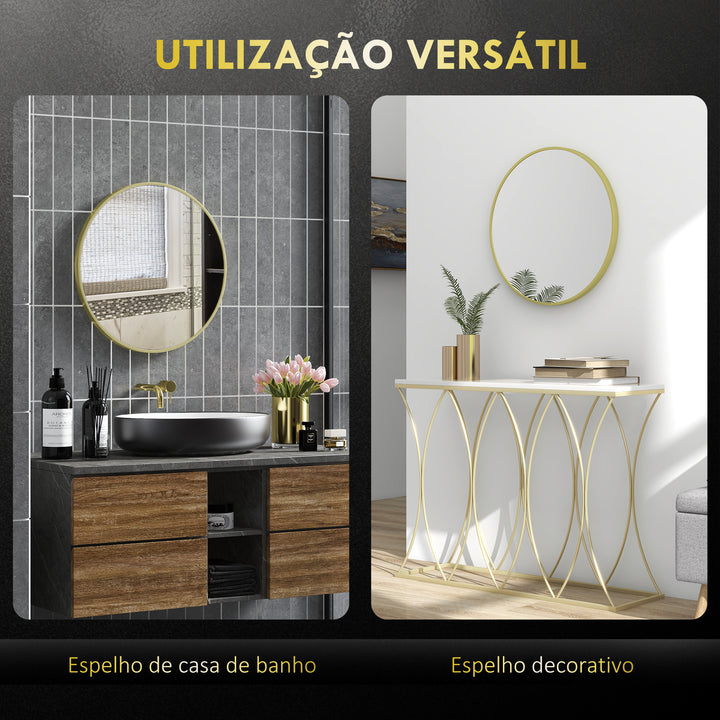 Espelho Casa de Banho Redondo Ø60 cm Espelho de Parede com Estrutura de Alumínio e Gancho de Instalação Fácil para Sala de Estar Entrada Corredor Dourado