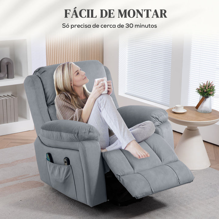 Poltrona Reclinável Elétrica com Função de Elevação, Massagem Vibratória e Calor, Comandos Remotos, Apoio para Pés, Pele Sintética, Bolsos Laterais, Cinzento