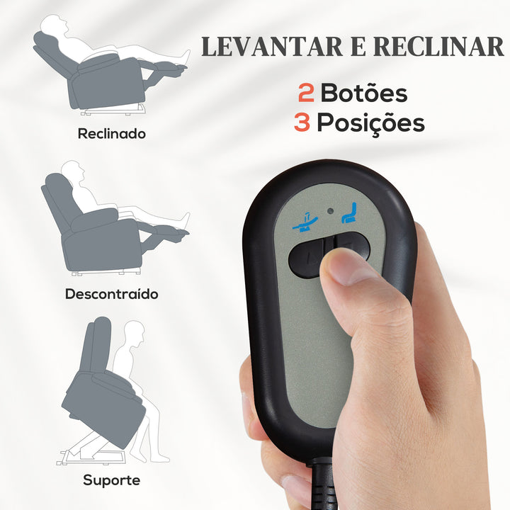 Poltrona Reclinável Elétrica com Função de Elevação, Massagem Vibratória e Calor, Comandos Remotos, Apoio para Pés, Pele Sintética, Bolsos Laterais, Cinzento