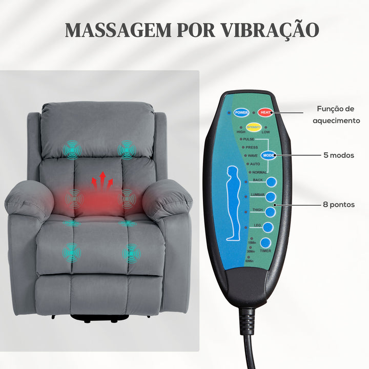 Poltrona Reclinável Elétrica com Função de Elevação, Massagem Vibratória e Calor, Comandos Remotos, Apoio para Pés, Pele Sintética, Bolsos Laterais, Cinzento