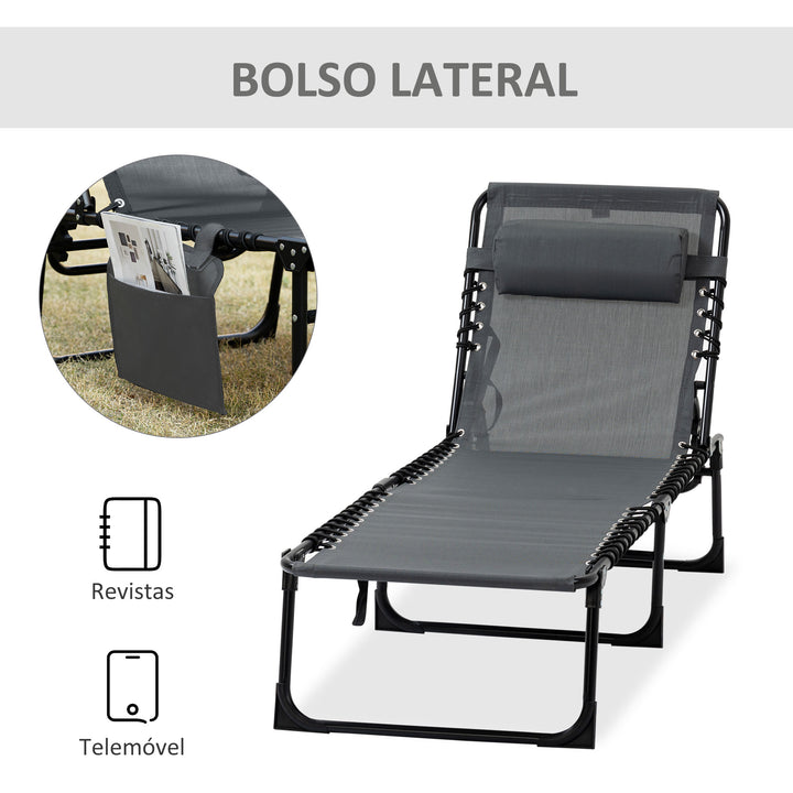 Espreguiçadeira Dobrável Espreguiçadeira de Jardim com Encosto Ajustável Apoio para a Cabeça Acolchoado Bolso Lateral e Estrura de Aço 185x58x30 cm Cinza