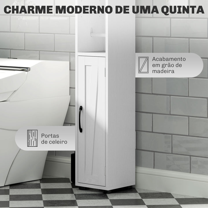 Coluna Casa de Banho Móvel Casa de Banho com 2 Portas gaveta Compartimento Aberto Prateleiras Ajustáveis e Suporte para Papel Higiênico Armário Casa de Banho Rústico 20x20x185 cm Branco