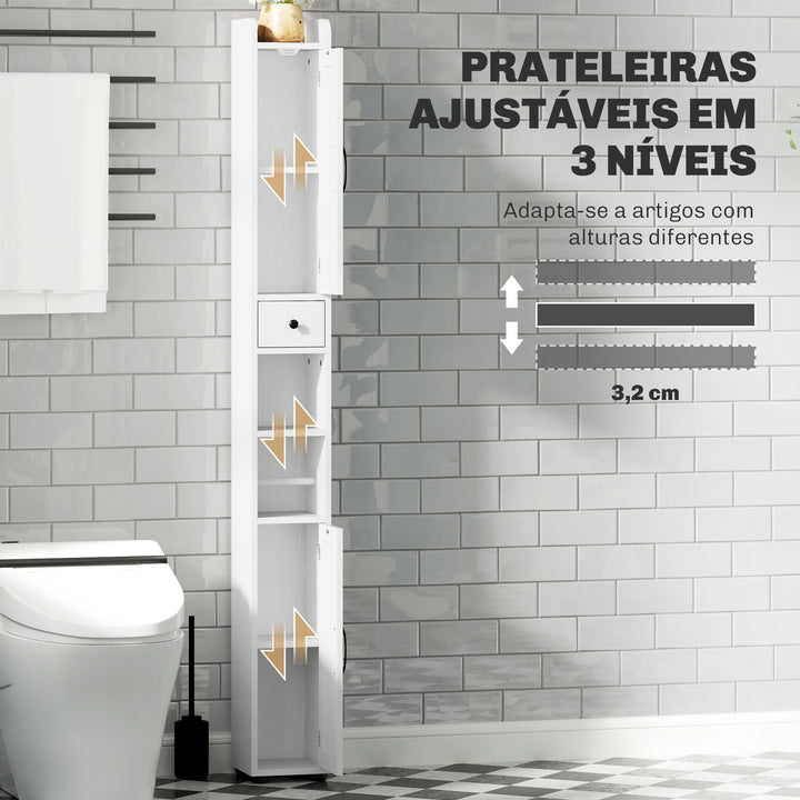 Coluna Casa de Banho Móvel Casa de Banho com 2 Portas gaveta Compartimento Aberto Prateleiras Ajustáveis e Suporte para Papel Higiênico Armário Casa de Banho Rústico 20x20x185 cm Branco