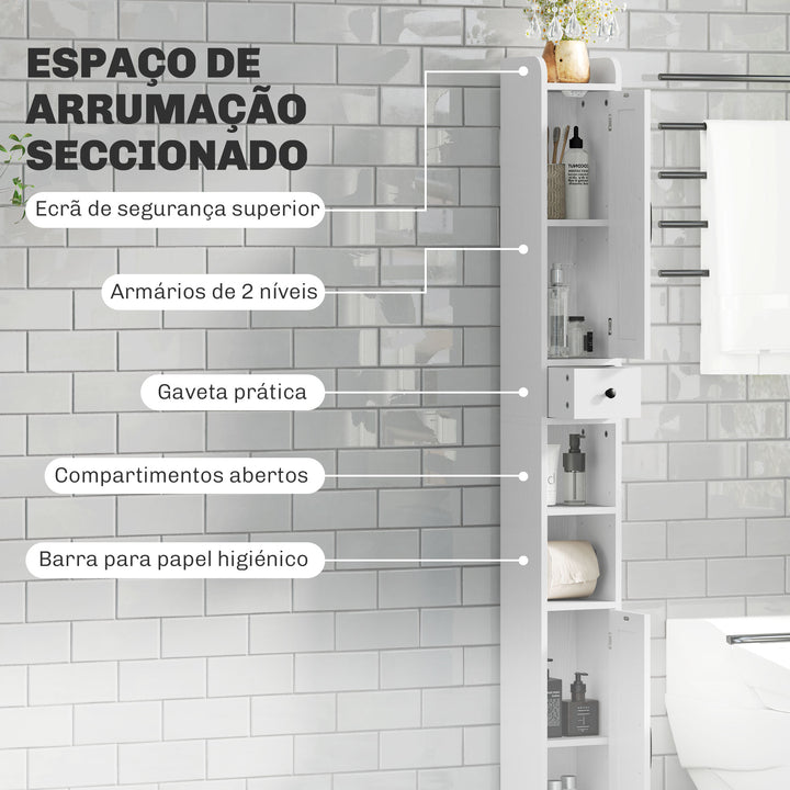 Coluna Casa de Banho Móvel Casa de Banho com 2 Portas gaveta Compartimento Aberto Prateleiras Ajustáveis e Suporte para Papel Higiênico Armário Casa de Banho Rústico 20x20x185 cm Branco
