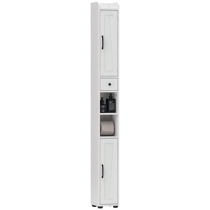Coluna Casa de Banho Móvel Casa de Banho com 2 Portas gaveta Compartimento Aberto Prateleiras Ajustáveis e Suporte para Papel Higiênico Armário Casa de Banho Rústico 20x20x185 cm Branco
