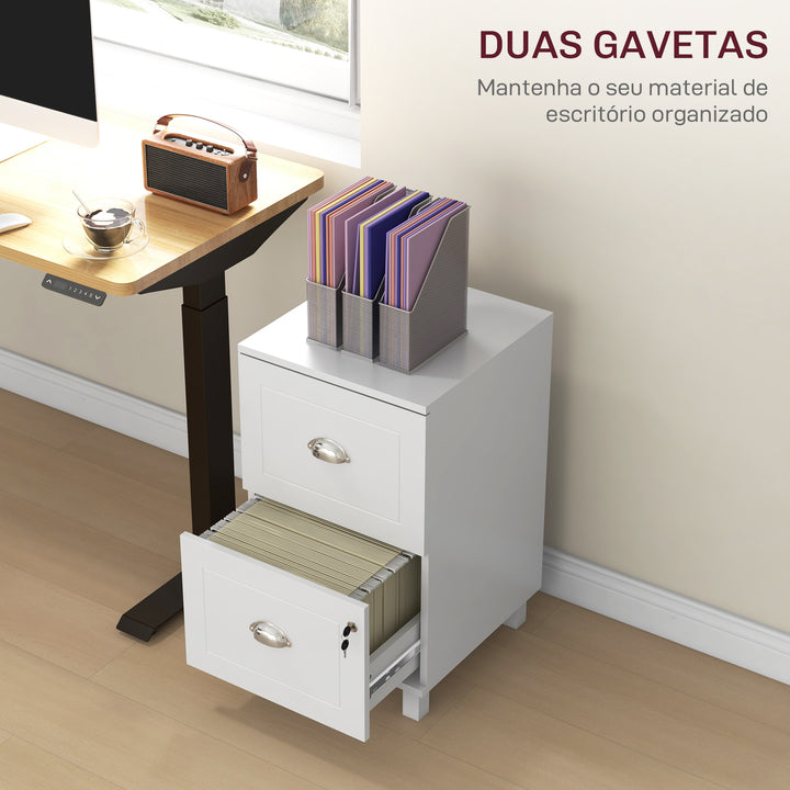 Bloco de Gavetas para Escritório Móvel Arquivador com 2 Gavetas para Escritório com Fechadura e Barras para Documentos A4 e Carta 40x41,5x67,5 cm Branco