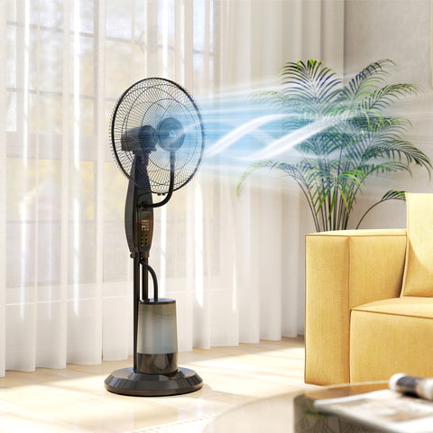Ventoinha de Pé com Nebulizador 75 W Temporizador Depósito de 3,2L Controlo Remoto 3 Velocidades 3 Hélices e Ecrã LED Ø44,5 cm Preto