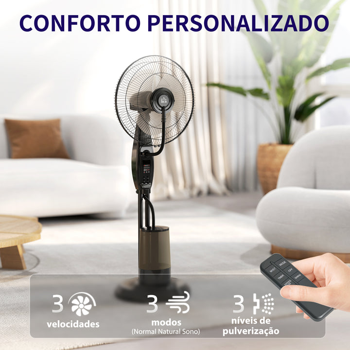 Ventoinha de Pé com Nebulizador 75 W Temporizador Depósito de 3,2L Controlo Remoto 3 Velocidades 3 Hélices e Ecrã LED Ø44,5 cm Preto