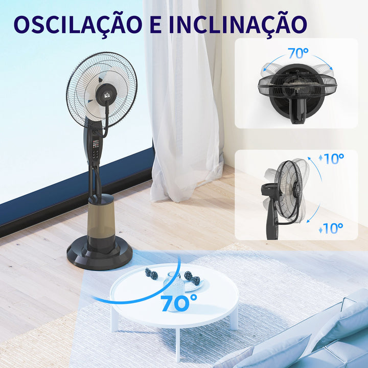 Ventoinha de Pé com Nebulizador 75 W Temporizador Depósito de 3,2L Controlo Remoto 3 Velocidades 3 Hélices e Ecrã LED Ø44,5 cm Preto