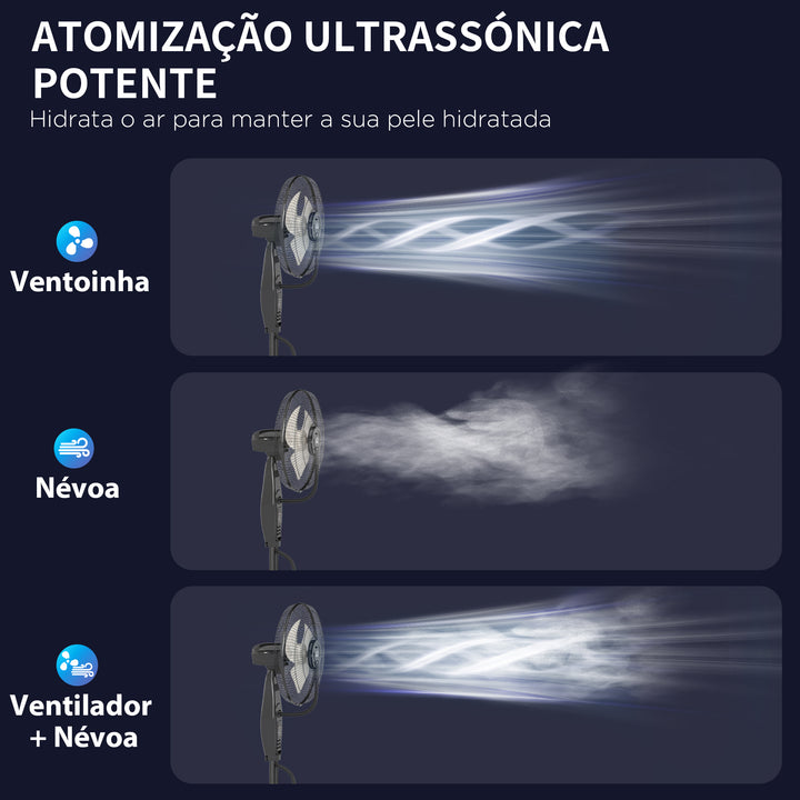 Ventoinha de Pé com Nebulizador 75 W Temporizador Depósito de 3,2L Controlo Remoto 3 Velocidades 3 Hélices e Ecrã LED Ø44,5 cm Preto