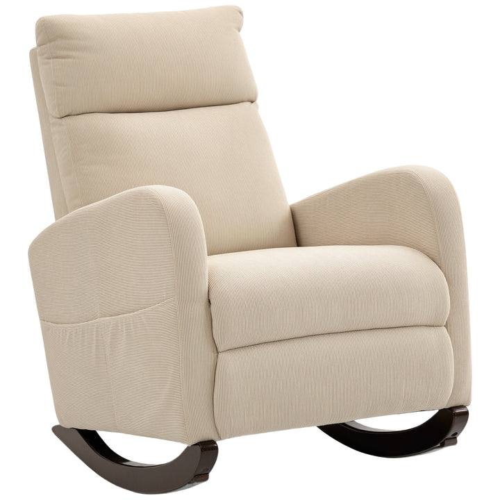 Cadeira de Baloiço de Veludo com Encosto Alto Pés de Madeira de Seringueira Bolsos Apoios de Braços Estilo Moderno Cadeira de Amamentação Capacidade 120 kg 67x94x105 cm Bege