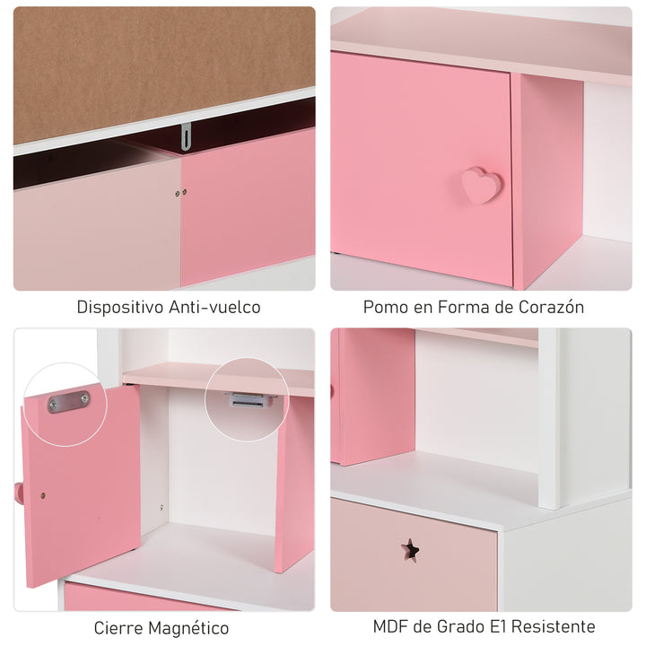Estante de Madeira Infantil Estante de Livros para Crianças com 4 Compartimentos 1 Porta e 2 Gavetas Removíveis com Rodas para Livros Brinquedos 80x34x130cm Rosa e Branco