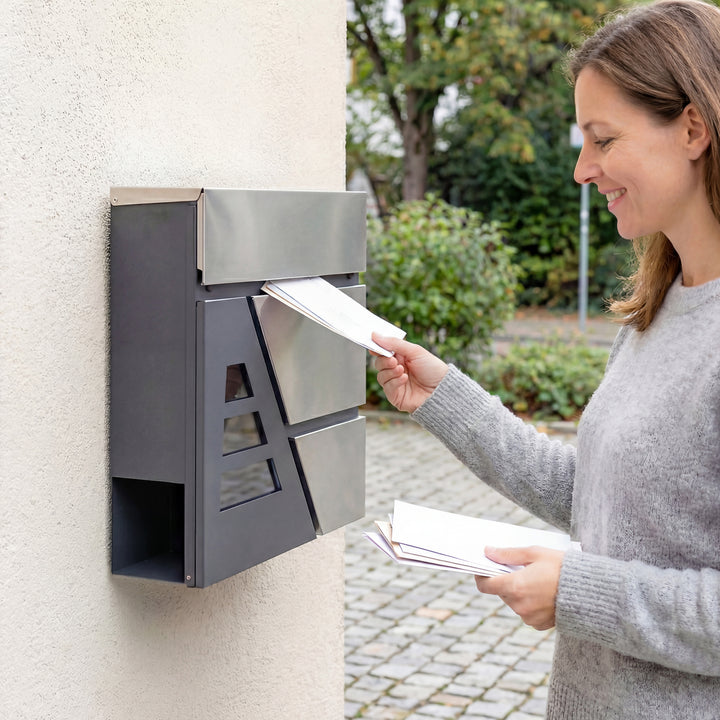Caixa de Correio Exterior de Aço Inoxidável 13 L Caixa de Correio de Parede com Fechadura e 2 Chaves Fecho Silencioso Tampa Anti-Chuva Suporte para Jornais Moderna Fácil de Instalar Cinzento Escuro
