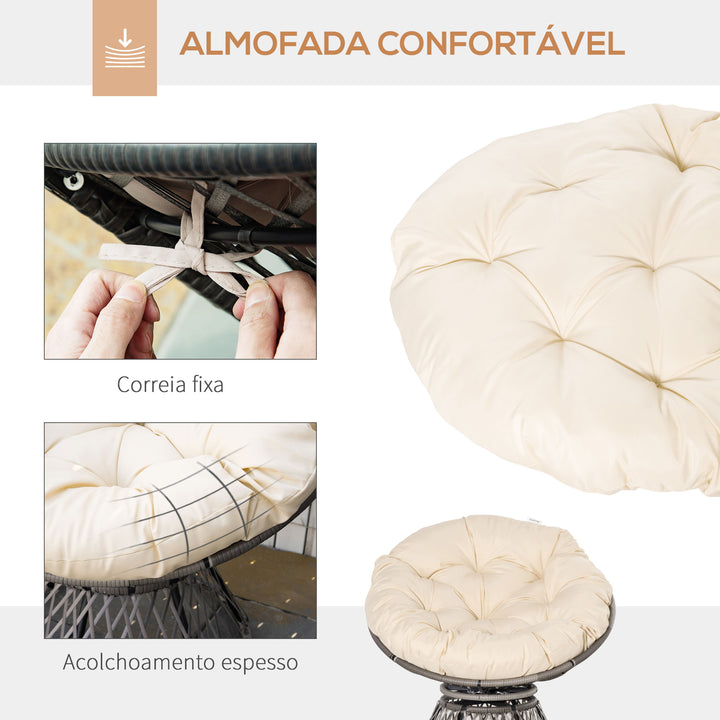 Poltrona Papasan Giratória de Vime Sintético Poltrona de Vime PE com Almofada e Estrutura de Aço Carga 160 kg para Jardim Terraço Pátio 87x97x90 cm Cinza e Creme