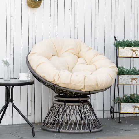 Poltrona Papasan Giratória de Vime Sintético Poltrona de Vime PE com Almofada e Estrutura de Aço Carga 160 kg para Jardim Terraço Pátio 87x97x90 cm Cinza e Creme