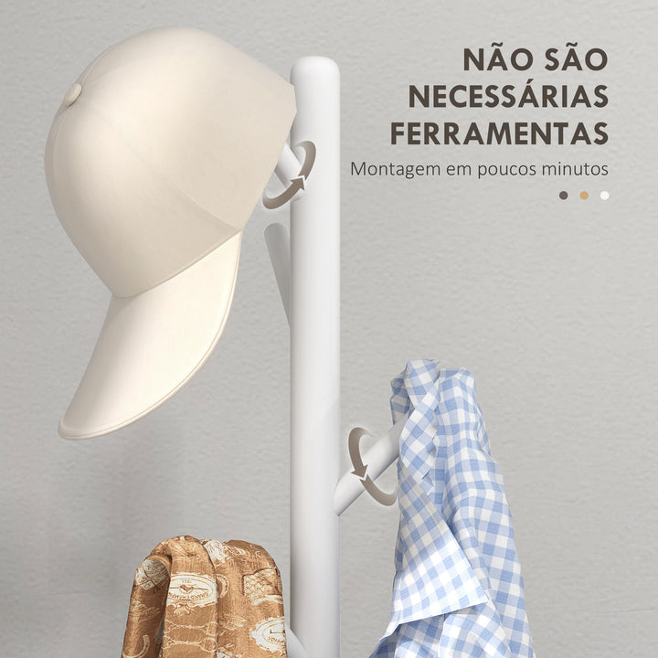 Cabide de Pé de Madeira Cabide de Pé com 8 Ganchos para Pendurar Roupa e Bolsas Cabide em Forma de Árvore para Corredor Entrada Quarto 40x40x165 cm Branco