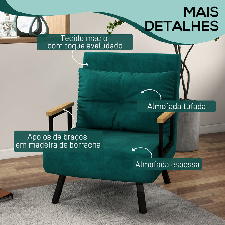 Poltrona Convertível em Cama Dobrável Poltrona Convertível em Cama com Encosto Ajustável em 5 Níveis e Almofada Acolchoada para Escritório Dormitório Sala de Estar Carga 120 kg 63x73x81 cm Verde
