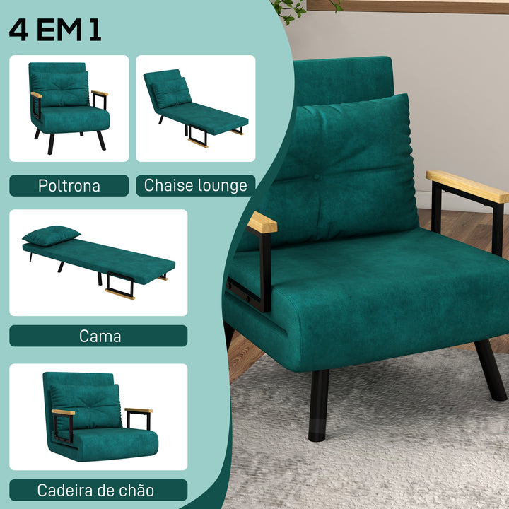 Poltrona Convertível em Cama Dobrável Poltrona Convertível em Cama com Encosto Ajustável em 5 Níveis e Almofada Acolchoada para Escritório Dormitório Sala de Estar Carga 120 kg 63x73x81 cm Verde