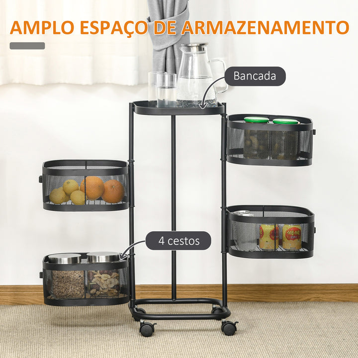 Carrinho Auxiliar com Rodas de 5 Níveis Carrinho de Cozinha com 4 Cestas de Armazenamento Rotativas a 270° e Prateleira Superior para Frutas Legumes Utensílios 33x33x77 cm Preto