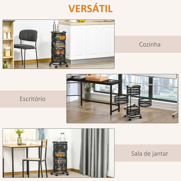 Carrinho Auxiliar com Rodas de 5 Níveis Carrinho de Cozinha com 4 Cestas de Armazenamento Rotativas a 270° e Prateleira Superior para Frutas Legumes Utensílios 33x33x77 cm Preto