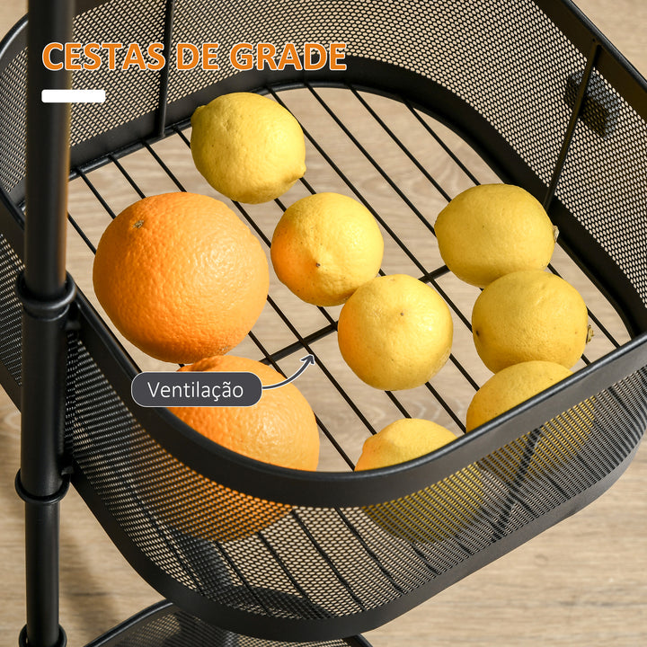 Carrinho Auxiliar com Rodas de 5 Níveis Carrinho de Cozinha com 4 Cestas de Armazenamento Rotativas a 270° e Prateleira Superior para Frutas Legumes Utensílios 33x33x77 cm Preto