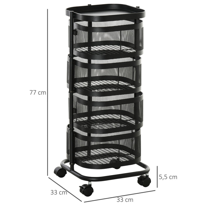 Carrinho Auxiliar com Rodas de 5 Níveis Carrinho de Cozinha com 4 Cestas de Armazenamento Rotativas a 270° e Prateleira Superior para Frutas Legumes Utensílios 33x33x77 cm Preto