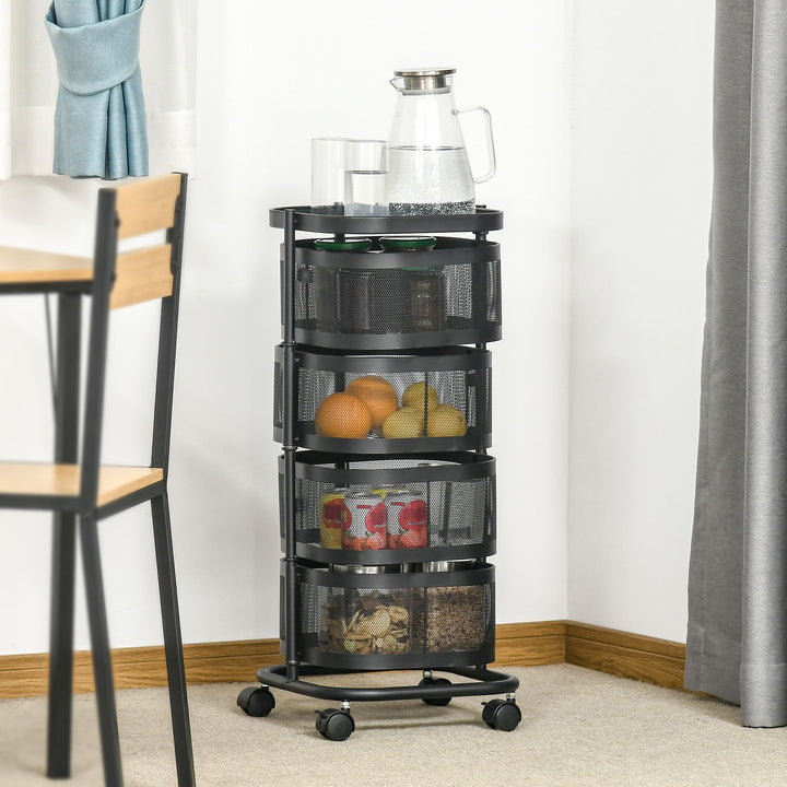 Carrinho Auxiliar com Rodas de 5 Níveis Carrinho de Cozinha com 4 Cestas de Armazenamento Rotativas a 270° e Prateleira Superior para Frutas Legumes Utensílios 33x33x77 cm Preto
