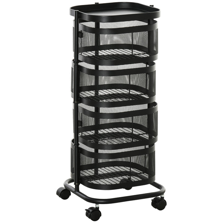 Carrinho Auxiliar com Rodas de 5 Níveis Carrinho de Cozinha com 4 Cestas de Armazenamento Rotativas a 270° e Prateleira Superior para Frutas Legumes Utensílios 33x33x77 cm Preto