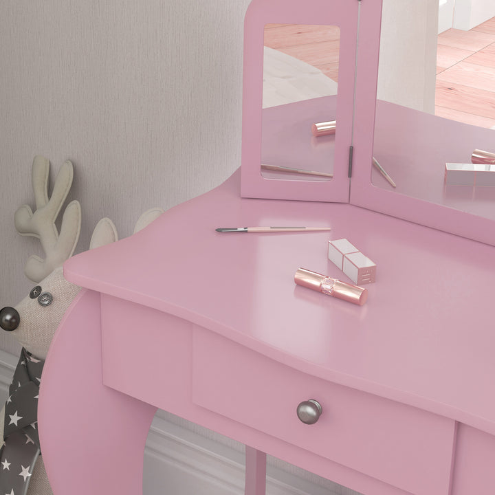 Toucador Infantil de Madeira com Banco e Espelho de Acrílico de 2 Seções Mesa de Maquilhagem Infantil com Gaveta para Dormitório Sala de Jogos 63x40x85,5 cm Rosa