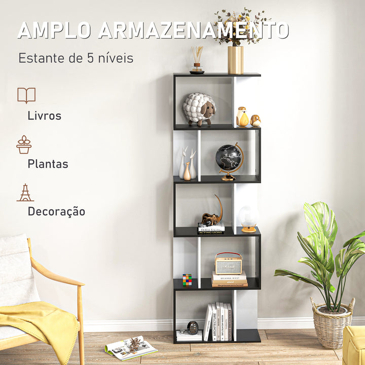 Estante para Livros Estante Alta de Parede com 5 Níveis em Forma de S Desenho Moderno para Sala de Estar Escritório 60x24x184,5 cm Branco e Preto