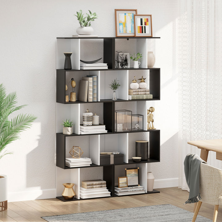 Estante para Livros Estante Alta de Parede com 5 Níveis em Forma de S Desenho Moderno para Sala de Estar Escritório 60x24x184,5 cm Branco e Preto