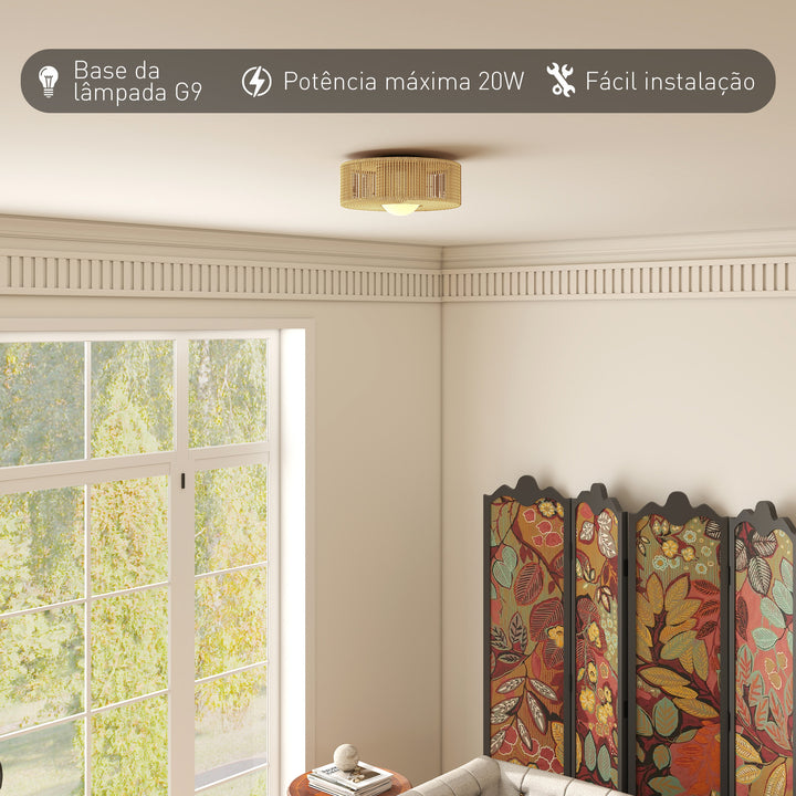 Candeeiro de Teto com Lâmpada LED G9 20W 3000 K Candeeiro de Teto Boémio com Ecrã de Corda de Linho para Quarto Sala Cozinha e Sala de Jantar Castanho Claro