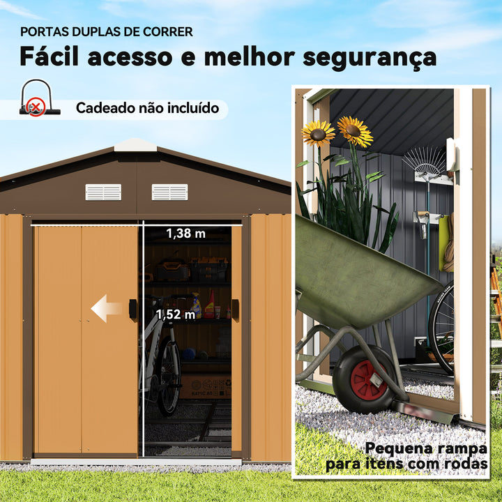 Abrigo de Jardim Metálico 340x386x200cm Abrigo de Exterior para Armazenamento de Ferramentas com Base Incluida 4 Janelas de Ventilação e Porta Corredeira Marrom
