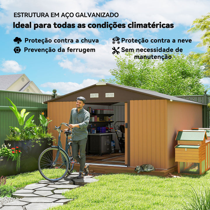 Abrigo de Jardim Metálico 340x386x200cm Abrigo de Exterior para Armazenamento de Ferramentas com Base Incluida 4 Janelas de Ventilação e Porta Corredeira Marrom