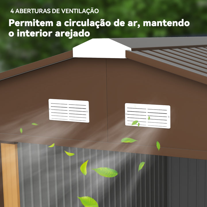 Abrigo de Jardim Metálico 340x386x200cm Abrigo de Exterior para Armazenamento de Ferramentas com Base Incluida 4 Janelas de Ventilação e Porta Corredeira Marrom