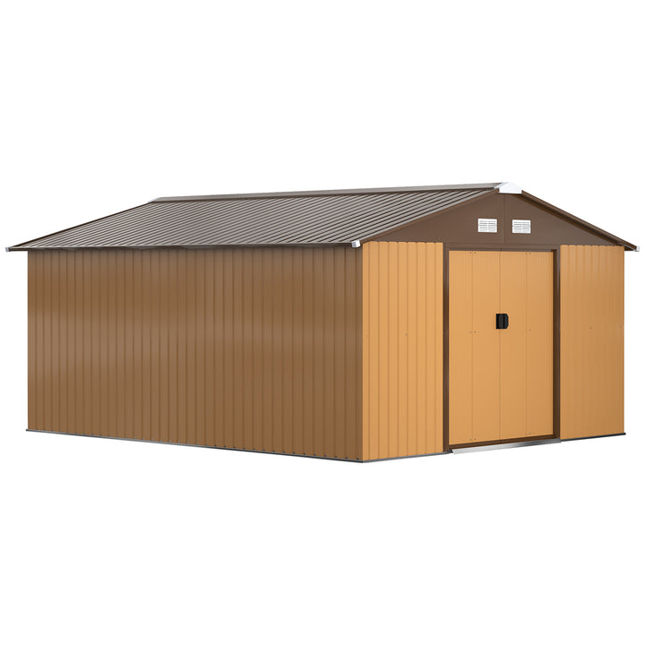Abrigo de Jardim Metálico 340x386x200cm Abrigo de Exterior para Armazenamento de Ferramentas com Base Incluida 4 Janelas de Ventilação e Porta Corredeira Marrom