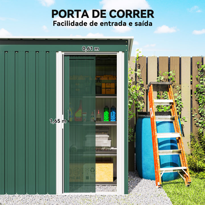 Abrigo de Jardim Exterior 1,5 m² 163x89x182 cm Abrigo Metálico para Ferramentas com Porta de Correr e Teto Inclinado para Pátio Verde