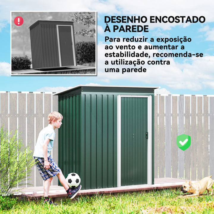 Abrigo de Jardim Exterior 1,5 m² 163x89x182 cm Abrigo Metálico para Ferramentas com Porta de Correr e Teto Inclinado para Pátio Verde
