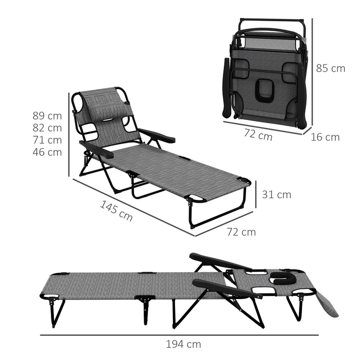 Espreguiçadeira Dobrável Espreguiçadeira de Jardim com Encosto Ajustável em 4 Níveis Orifício de Leitura e Almofada de Apoio à Cabeça para Terraço Piscina 194x72x31 cm Cinza