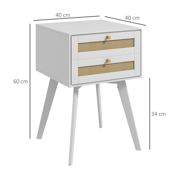 Mesa de Cabeceira Branca Estilo Boho com 2 Gavetas e Decoração de Vime para Quarto Sala de Estar 40x40x60 cm