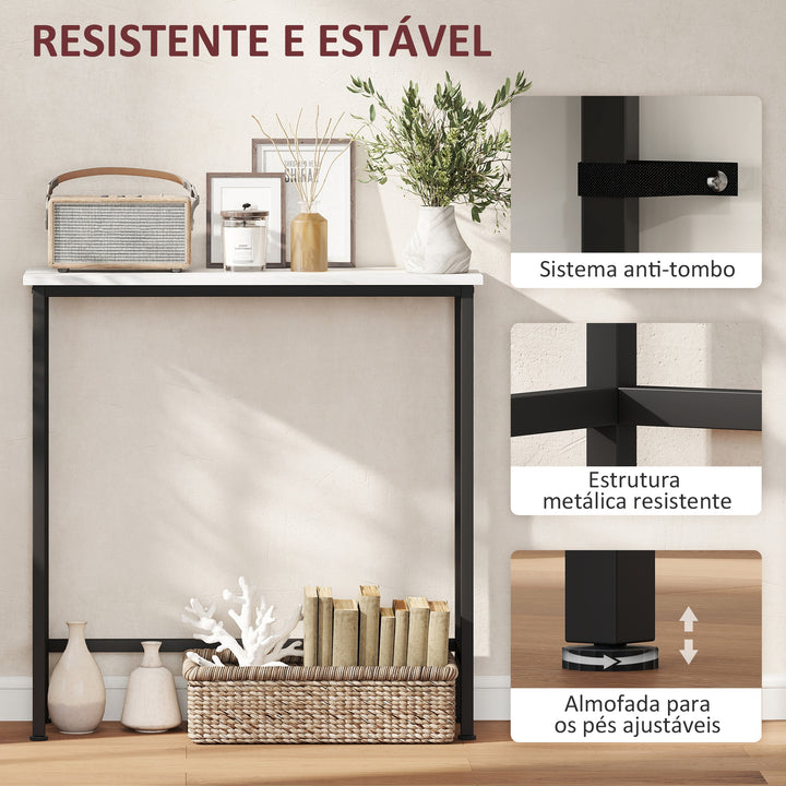 Mesa Consola Moderna Consola Estreita com Superfície com Efeito Mármore e Estrutura de Metal para Entrada Sala de Estar 75x24x76 cm Branco e Preto